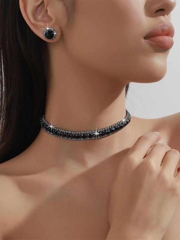 Women's Elegant Rhinestone Decor Choker & Stud Earrings & Link Bangle, Exquisite Trendy Jewelry Set, Fashionable Accessories for Party & Daily Clothing Decor