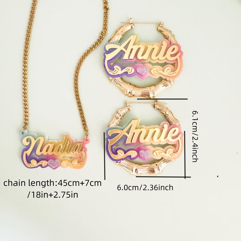 Custom Name Acrylic Ring Earrings Necklace Suit-Elegant and Cute Style, Bamboo Design Personalized Letter Pendant, Y2g Gradient Color, DIY round Jewelry, Suitable for Gifts, Parties-No Plating, Suitable for All Seasons