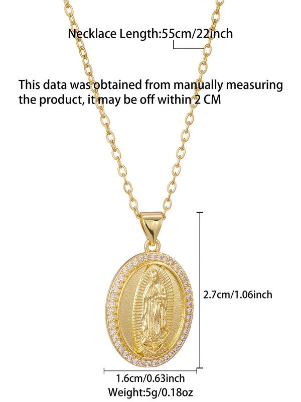 Retro Elegant Stainless Steel Pendant Necklace, Rhinestone Decorated Round Charm Virgin Mary Hanging Necklace, Fashion Rhinestone Decor Jewelry Accessories for Women As Gift