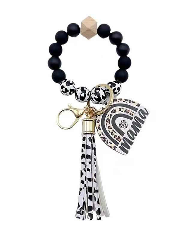 Boho Style Tassel Design Beaded Bracelet Keychain, Trendy Elegant Leopard Graphic Key Holder & Key Fob for Car Key, Chic Accessories As Exquisite Gift