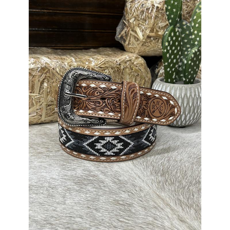 Men Wester Aztec Full Beaded  2 Inch Belt- Black