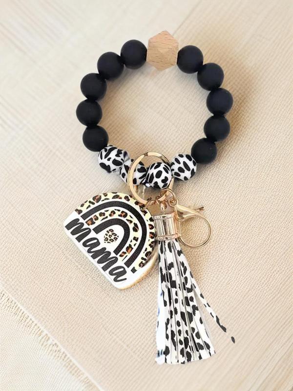 Boho Style Tassel Design Beaded Bracelet Keychain, Trendy Elegant Leopard Graphic Key Holder & Key Fob for Car Key, Chic Accessories As Exquisite Gift