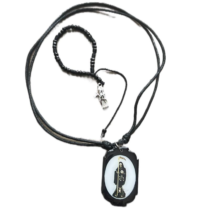 Black Santa Muerte necklace and bracelet unisex matching set. Adjustable sizes on both.