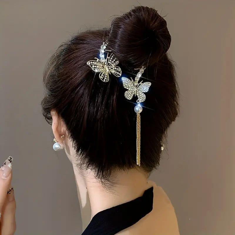 Cute Flower & Butterfly Design Hair Bun Clip, Glitter Hair Claw Clip, Heatless Styling Tools for Women & Girls