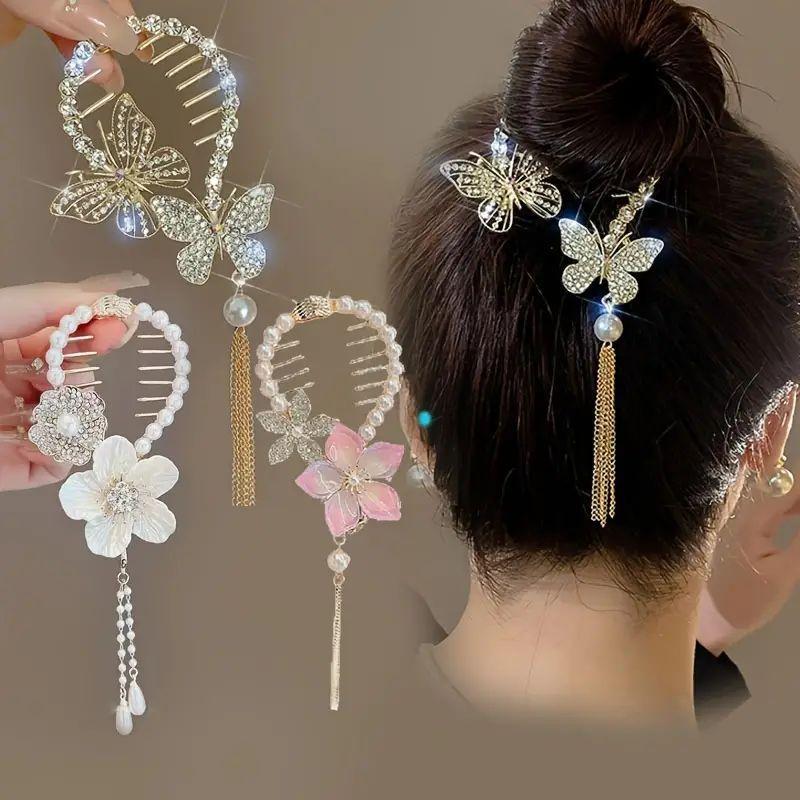 Cute Flower & Butterfly Design Hair Bun Clip, Glitter Hair Claw Clip, Heatless Styling Tools for Women & Girls