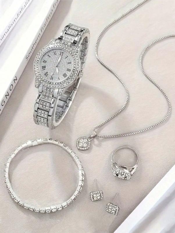 6pcs Luxury Kit - Women's Quartz Watch with Numeric Dial and Full Rhinestone Bracelet