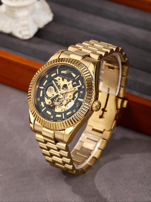 Men's Business Fashion Rhinestone Decorated Mechanical Watch, Fashion Watch for Party, Daily Decor, Trendy All-match & Exquisite Watch for Birthday Gift with Box