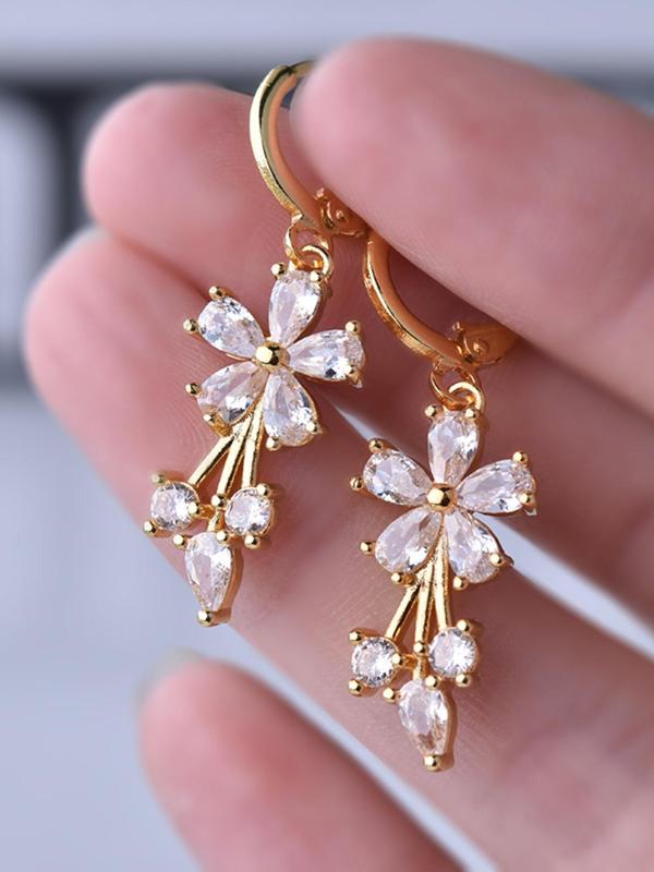 Women's Elegant Rhinestone Decor Dangle Earrings, 1 Pair Trendy Flower Design Dangle Earrings, Glittering Luxury Jewelry As Gift for Girlfriend