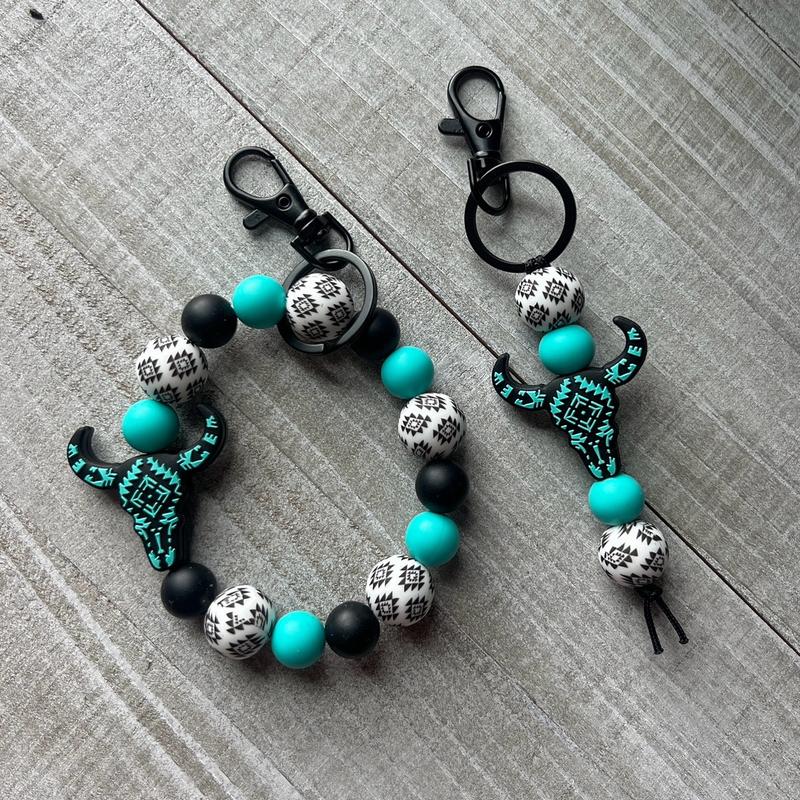 Turquoise Aztec Cow Skull Keychain Set