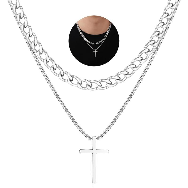 Layered Cross Necklace for Men Stainless Steel Cuban Link Cross Chain Necklace for Men Religious Jewelry Gifts