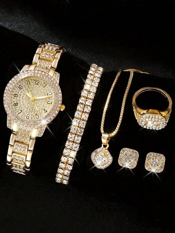 6pcs Luxury Kit - Women's Quartz Watch with Numeric Dial and Full Rhinestone Bracelet