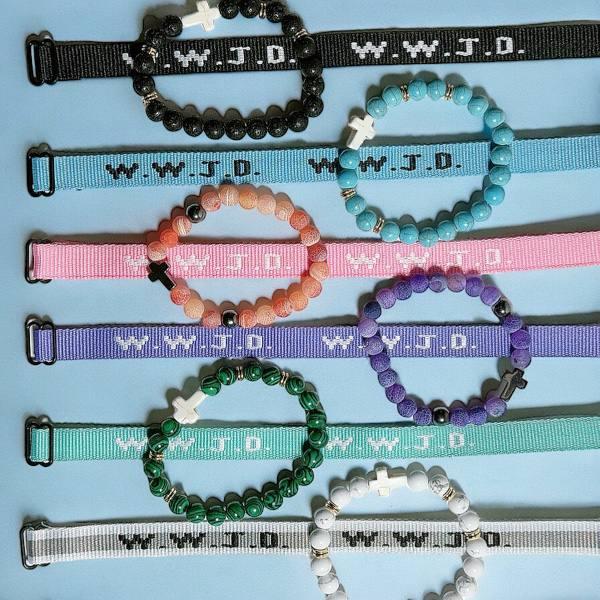 Handmade Bundle of 2 WWJD Wristband Bracelet with beaded cross bracelet set for Teen Girls Women Men Spring Travel Summer Adjustable (What Would Jesus Do) band bracelet set