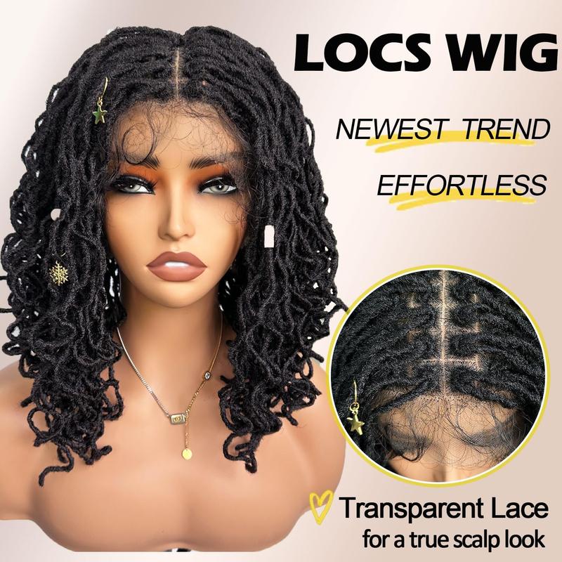 SOKU Afro Curly Faux Locs Full Swiss Lace Braided Wig 14 Inch Handmade Glueless Natural Black Double Full Braided Wig Lace Breathable and Lightweight Curly Braided Wig daily