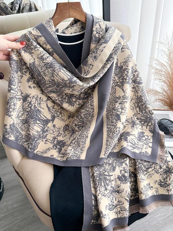 Women's Boho Style Plants  Print Tassel Decor Shawl, Casual Vintage Thick Warm Long Scarf for Fall & Winter, Fashion Accessories for Women & Girls