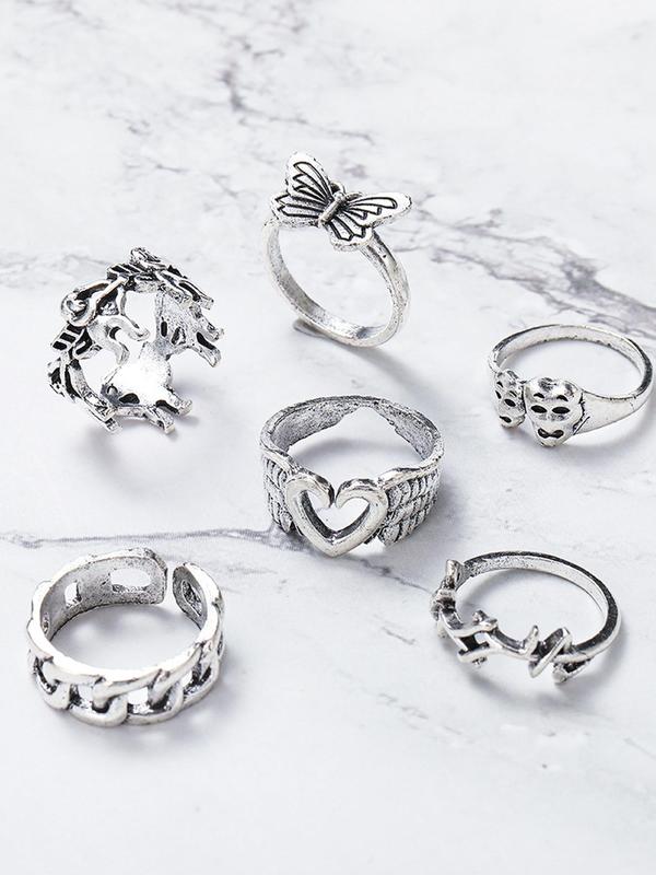 6pcs set Vintage Hollow Out Butterfly Heart Design Ring, Punk Fashion Accessories For Both Men & Women