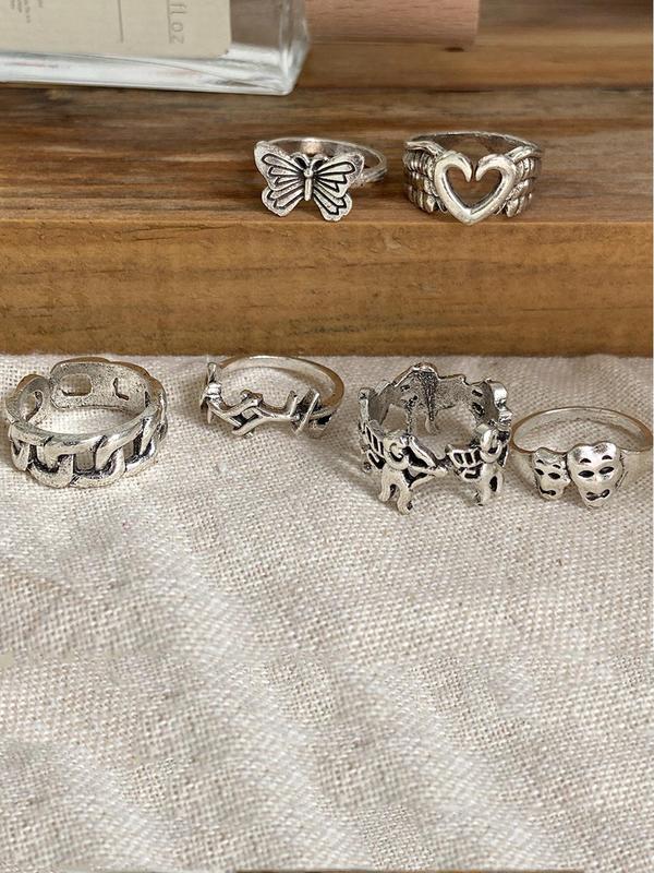 6pcs set Vintage Hollow Out Butterfly Heart Design Ring, Punk Fashion Accessories For Both Men & Women