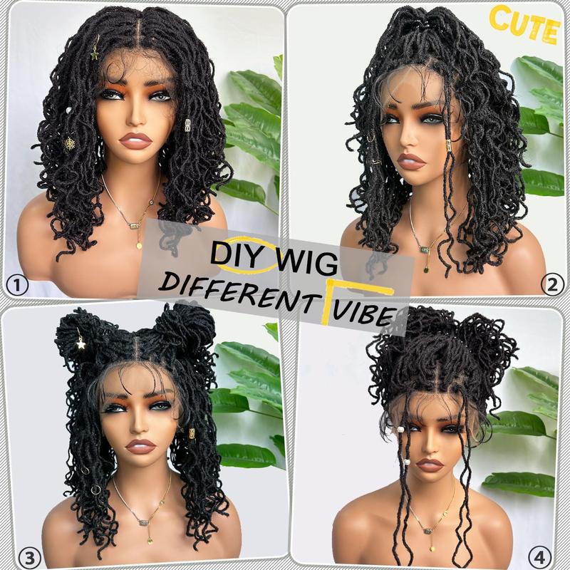 SOKU Afro Curly Faux Locs Full Swiss Lace Braided Wig 14 Inch Handmade Glueless Natural Black Double Full Braided Wig Lace Breathable and Lightweight Curly Braided Wig daily