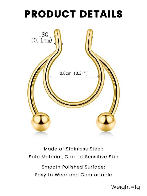 3pcs Stainless Steel Nose Cuff, Ball Decor U-shaped Fake Nose Rings, Fashionable Body Jewelry for Men & Women