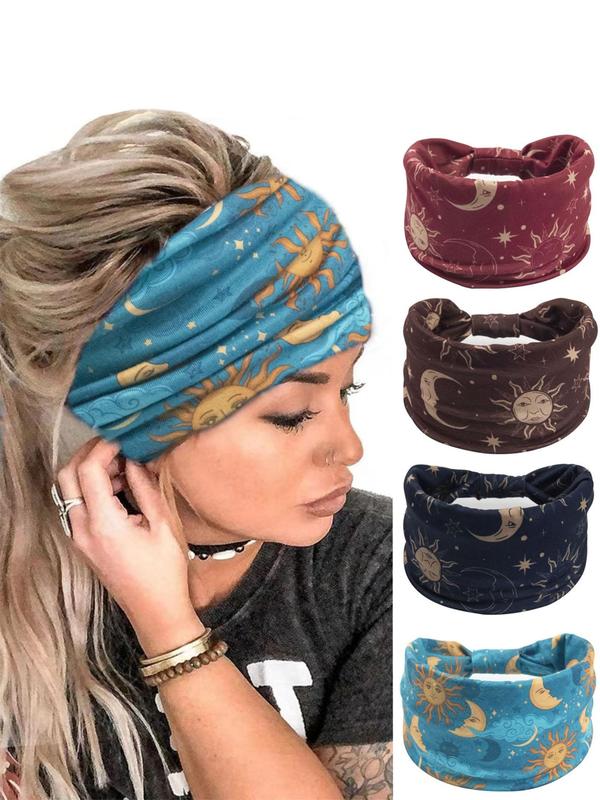 Galaxy Print Ruched Design Hair Band, 4 Counts Casual Sporty Hair Band for Women & Girls, Hair Accessories for Gym Workout Running