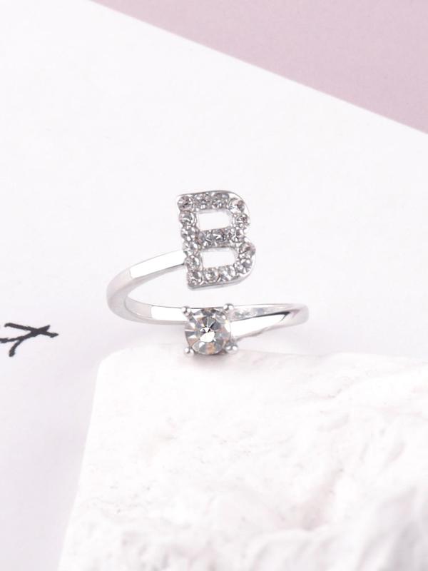 Fashion Rhinestone Decorated Alphabet Elegant Letter Design Ring for Women & Girls, Trendy All-match & Exquisite Jewelry for Gift