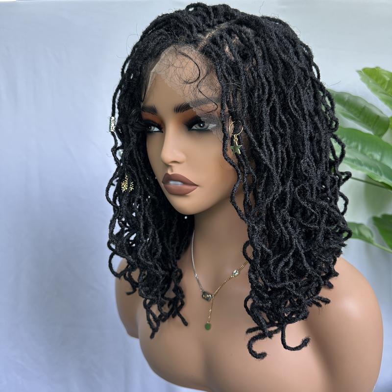 SOKU Afro Curly Faux Locs Full Swiss Lace Braided Wig 14 Inch Handmade Glueless Natural Black Double Full Braided Wig Lace Breathable and Lightweight Curly Braided Wig daily