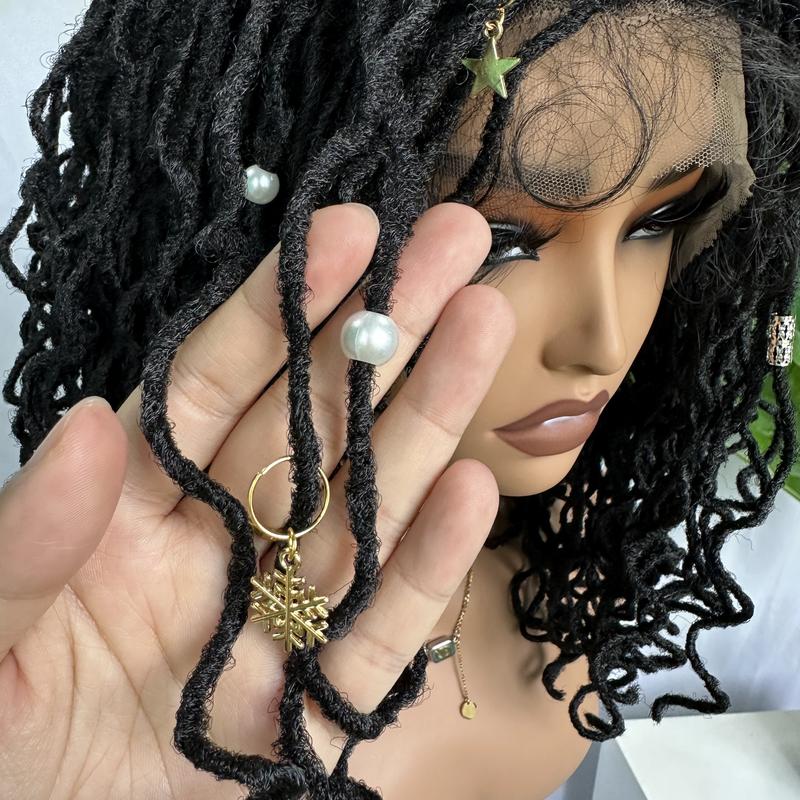 SOKU Afro Curly Faux Locs Full Swiss Lace Braided Wig 14 Inch Handmade Glueless Natural Black Double Full Braided Wig Lace Breathable and Lightweight Curly Braided Wig daily