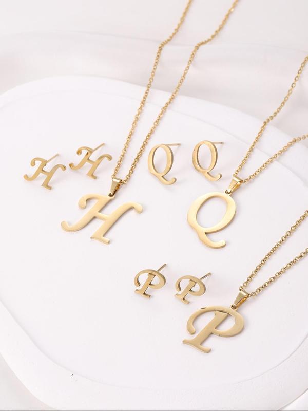 Fashion Alphabet Detail Pendant Initial Necklace & Studs Earrings, 3pcs Fashion Jewelry for Party, Daily Clothing Decor, Cute Accessories for Birthday Gift