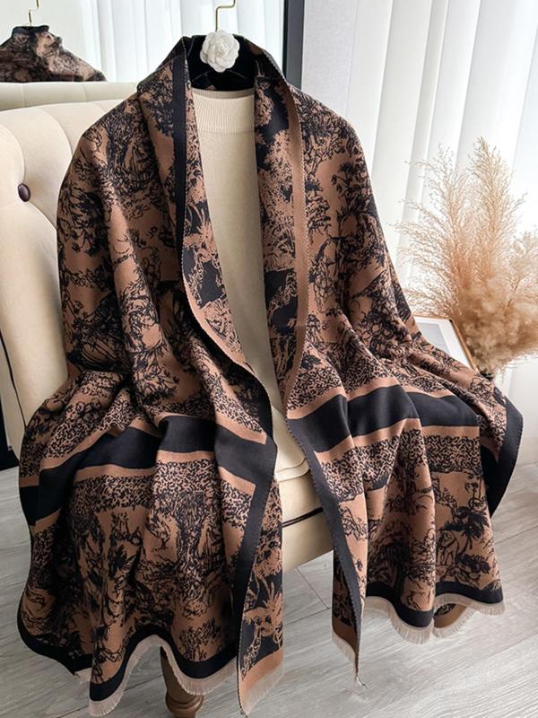 Women's Boho Style Plants  Print Tassel Decor Shawl, Casual Vintage Thick Warm Long Scarf for Fall & Winter, Fashion Accessories for Women & Girls