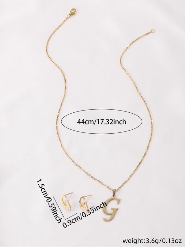 Fashion Alphabet Detail Pendant Initial Necklace & Studs Earrings, 3pcs Fashion Jewelry for Party, Daily Clothing Decor, Cute Accessories for Birthday Gift