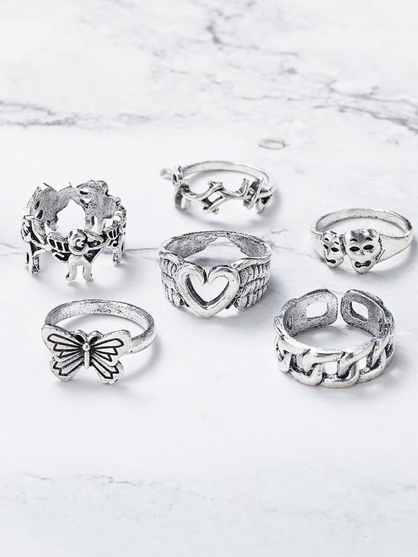 6pcs set Vintage Hollow Out Butterfly Heart Design Ring, Punk Fashion Accessories For Both Men & Women