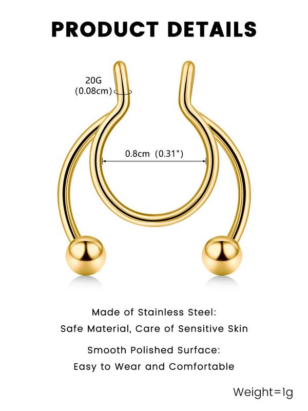 3pcs Stainless Steel Nose Cuff, Ball Decor U-shaped Fake Nose Rings, Fashionable Body Jewelry for Men & Women