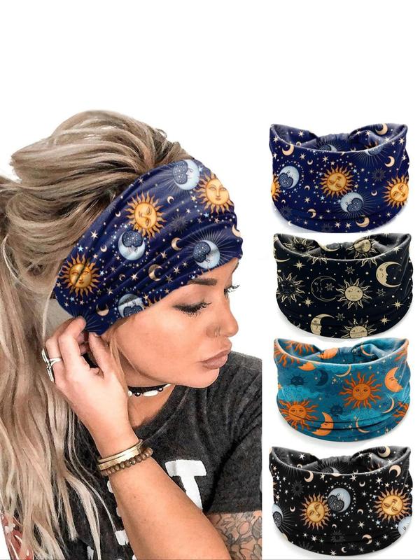 Galaxy Print Ruched Design Hair Band, 4 Counts Casual Sporty Hair Band for Women & Girls, Hair Accessories for Gym Workout Running