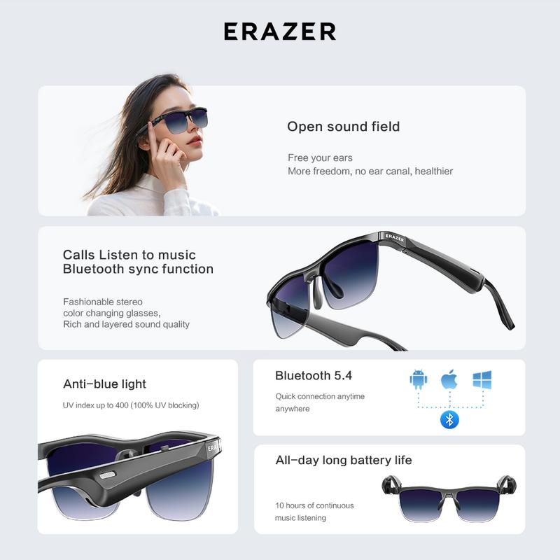 ERAZER Wireless Bluetooth smart glasses, multi-functional blue light blocking glasses for listening to music and making phone calls, stylish autumn and winter sun protection, Bluetooth compatible