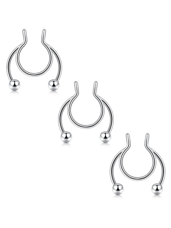 3pcs Stainless Steel Nose Cuff, Ball Decor U-shaped Fake Nose Rings, Fashionable Body Jewelry for Men & Women