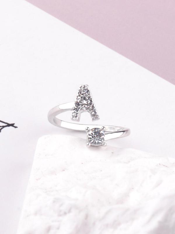 Fashion Rhinestone Decorated Alphabet Elegant Letter Design Ring for Women & Girls, Trendy All-match & Exquisite Jewelry for Gift