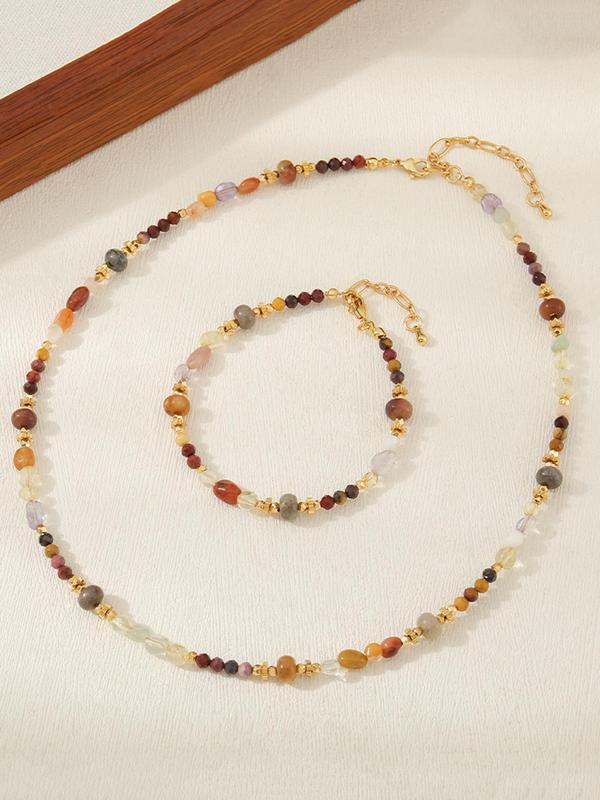 Women's Elegant Mixed Color Stone Decorated Necklace & Bracelet, Exquisite Trendy Jewelry Set, Fashionable Accessories for Daily & Party Decoration