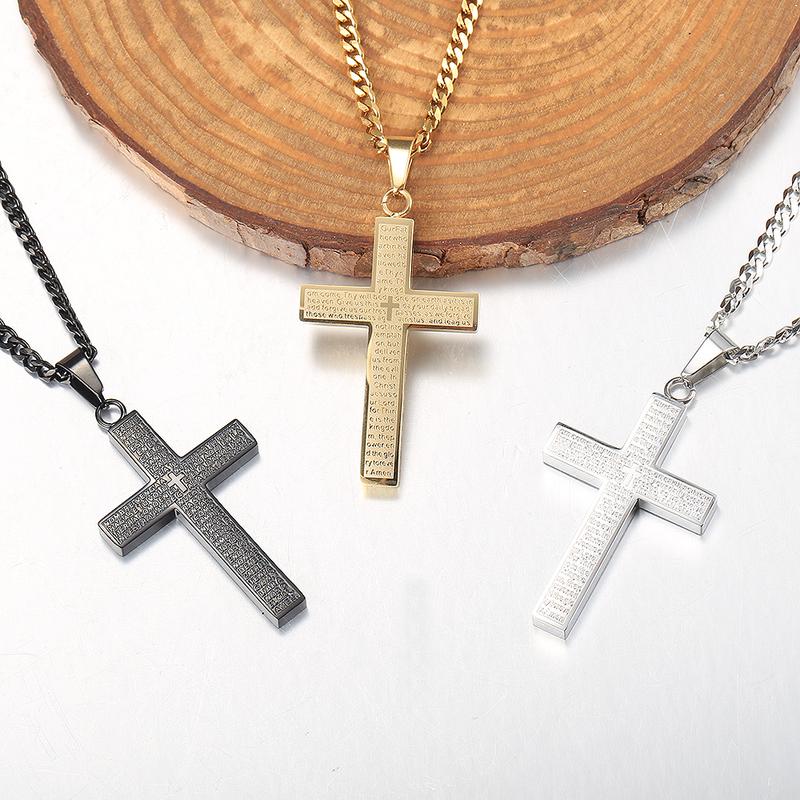 Hermah Mens Boys Cross Pendant Necklace Gold Color Silver Black Tone 3mm Cuban Chain 18-24inch Christ Necklace Jewelry