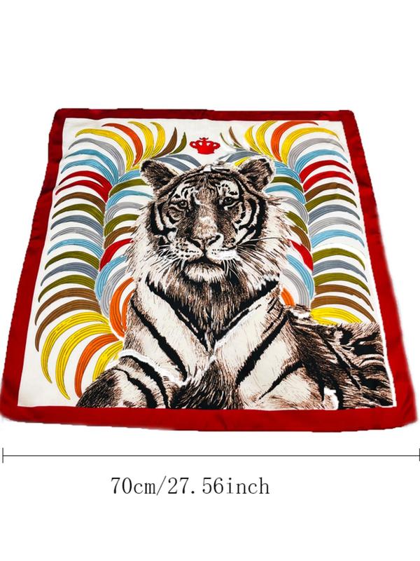 Tiger & Plants Print Square Scarf, Fashionable Soft Comfortable Shawl for Women & Girls, Casual Versatile Scarf for Daily Wear