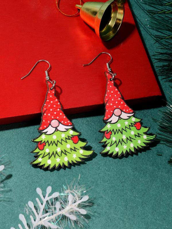 Cute Cartoon Christmas Tree Design Dangle Earrings, Wooden Dangle Earrings, Fashion Jewelry Accessories for Women & Girls