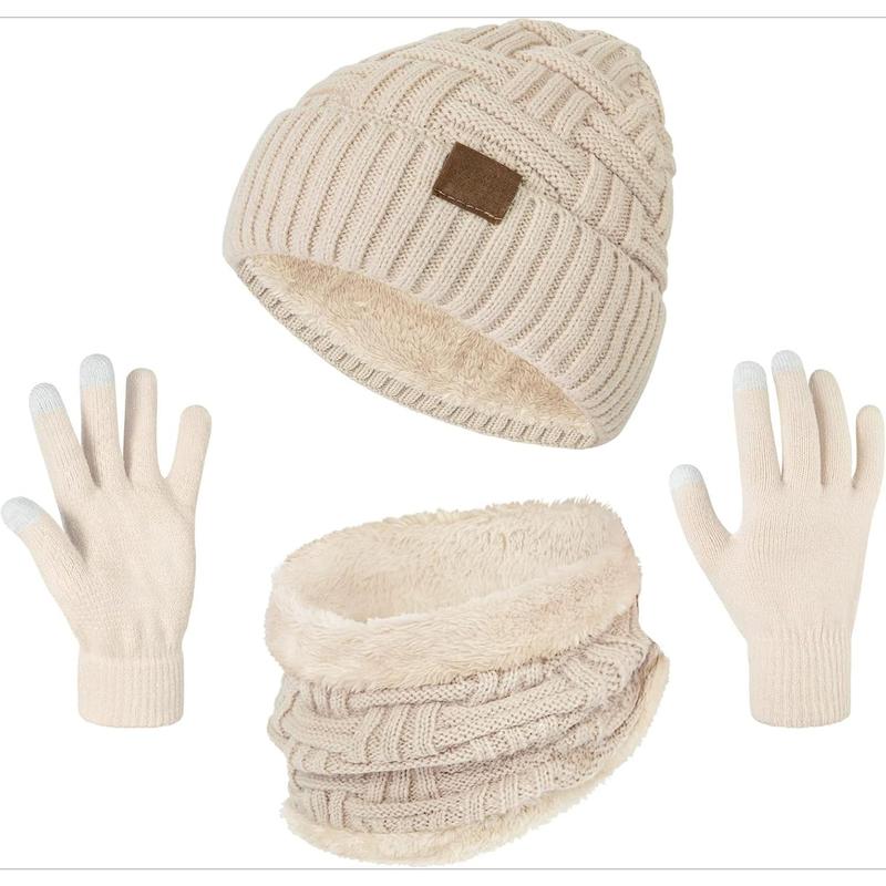 3-Pieces Winter Hat Neck Warmer Touchscreen Gloves Set Knit Thick Scarf Beanie Hat Scarves Set Gifts for Women