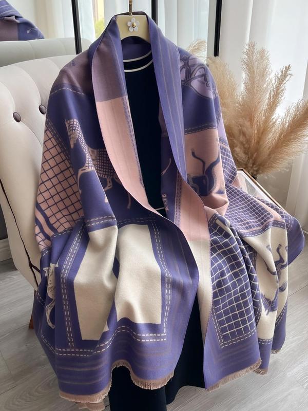 Boho Style Colorful Horse & Plaid Pattern Shawl, Casual Soft Warm Long Scarf for Fall & Winter, Fashion Accessories for Women & Men