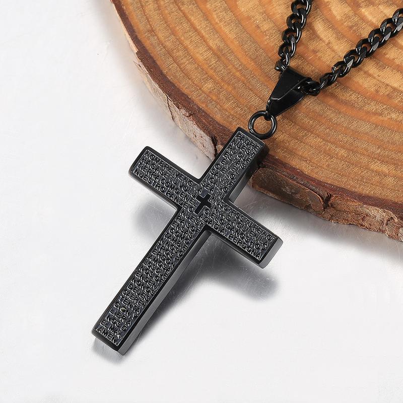 Hermah Mens Boys Cross Pendant Necklace Gold Color Silver Black Tone 3mm Cuban Chain 18-24inch Christ Necklace Jewelry