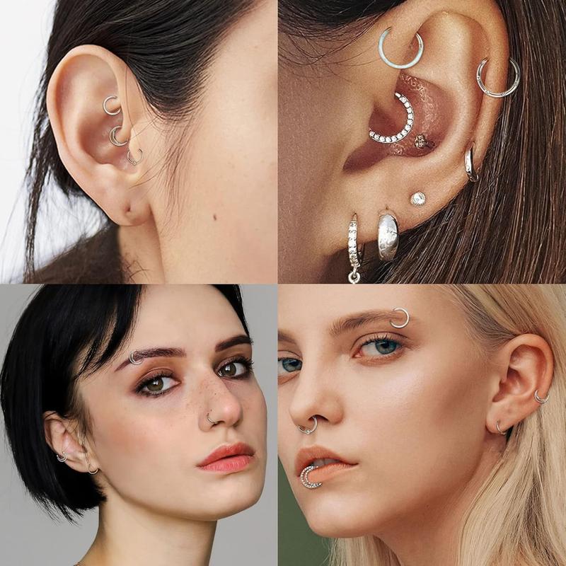 Besteel 9 Pcs Hypoallergenic Septum Rings 16G Surgical Steel CZ Opal Clicker Hinged Nose Rings Hoop for Women Men Lip Conch Tragus Helix Daith Cartilage Earrings 8mm 10mm