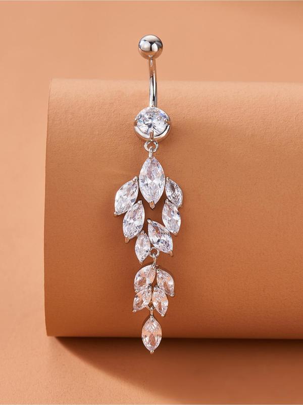 Rhinestone Decorated Leaf Shaped Belly Button Ring, Women's Fashion Body Jewelry for Party, Daily Clothing Decor, Trendy All-match & Exquisite Jewelry for Birthday Gift