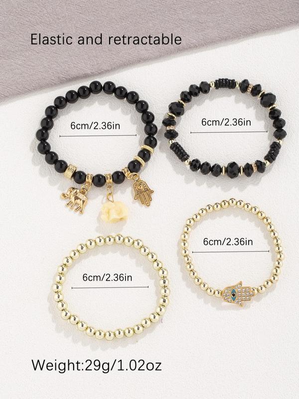 4pcs set Boho Style Colorblock Beaded Bracelet, Eye Detail Palm & Elephant Charm Stackable Beaded Bracelet, Fashion Matching Jewelry for Women & Men