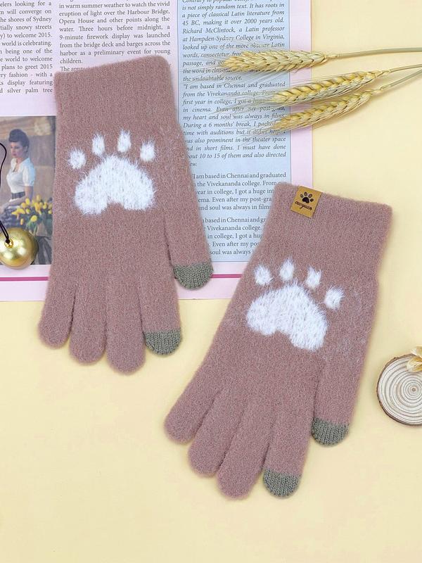 Women's Cute Cartoon Paw Pattern Touch Screen Gloves, Casual Trendy Warm Gloves for Fall & Winter, Fashion Accessories for Women & Girls