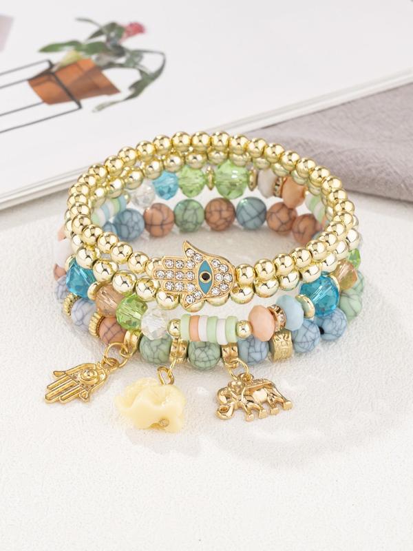 4pcs set Boho Style Colorblock Beaded Bracelet, Eye Detail Palm & Elephant Charm Stackable Beaded Bracelet, Fashion Matching Jewelry for Women & Men