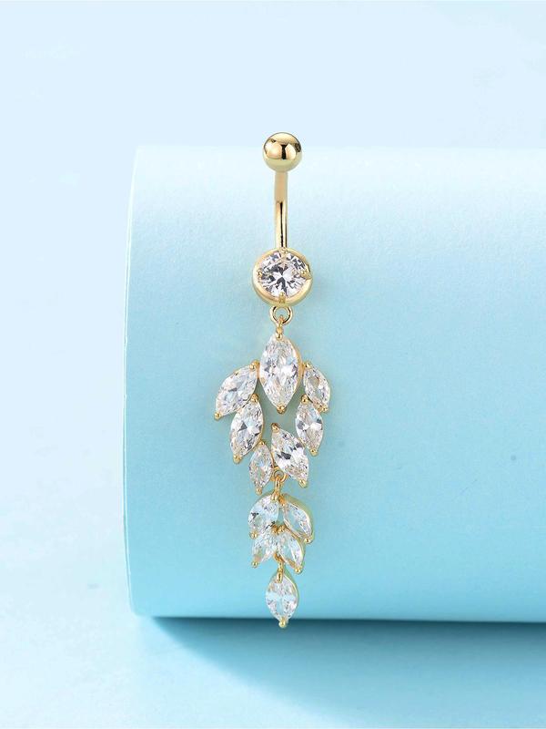 Rhinestone Decorated Leaf Shaped Belly Button Ring, Women's Fashion Body Jewelry for Party, Daily Clothing Decor, Trendy All-match & Exquisite Jewelry for Birthday Gift