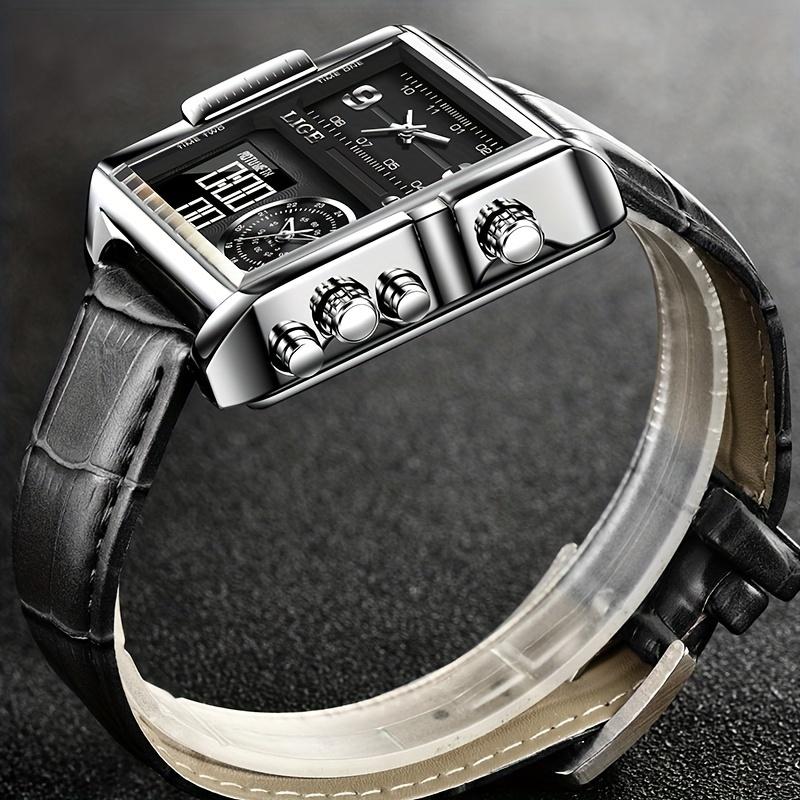 LIGE Casual PU Leather Men's Watch, Quartz Watch For Men, Multifunctional Electronic Digital Watch, Ideal choice for Gifts