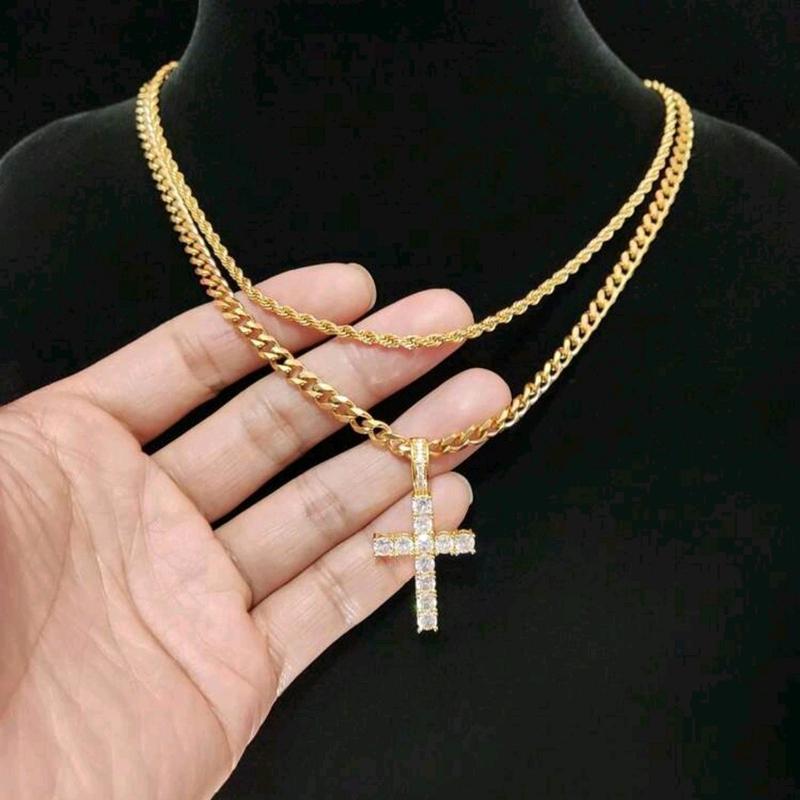 New Trending Hip Hop Twist Chain Necklace & Rehinestone Cross Pendant for Men and Women - Stainless Steel Jewelry